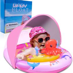 Baby Pool Float - Inflatable Float with Canopy UPF50+ Sun Protection - Infant Toddler Swim Float Toy Play Console for 6-36 Months-Pink