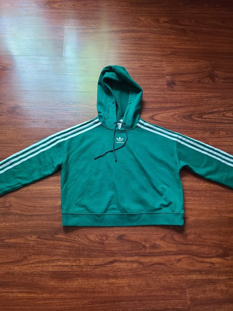 Green Adidas Hoodie US Size Small White Stripped Sleeves