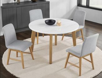 Brand New Oak, Grey & White 5pc Formal Dining Table Set w Marble Top
