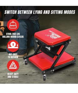 Foldable Z-Creeper Seat: 2-in-1 Garage Shop Creeper for Auto Repair with 6 Wheels, 300 Lbs. Capacity - Red