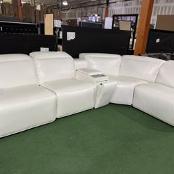 Brand New Power Leather Reclining Sectional. White.  Comes With USB Charges Charging Pad Cupholders 