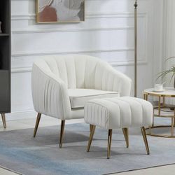 Beige Velvet Mid-Century Modern Accent Chair w/Gold Legs & Ottoman [NEW IN BOX] **Retails for $412