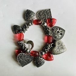 Silver And Red Heart Charm Bracelet