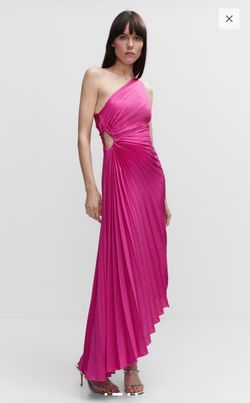 MANGO Satin Asymmetrical Pleated Midi Dress in Fuchsia - Size 2 / XS