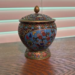 Authentic Antique & Etched Chinese Cloisonné Handmade Metal Vase