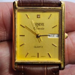 Vintage Geneve Classic Men's/Women's Gold-Tone Tank Quartz Watch with Brown Leather Strap & Day-Date