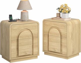 2042a  Night Stand Set 2, 23.6" Farmhouse Nightstand with Charger Station, Mid Century Modern Bedside Table with 2 Drawers, Arch Doors & Rounded Night