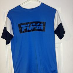 PUMA Colorblock Logo Tee – Blue/Black/White Athletic T-Shirt
