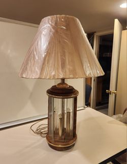 Vintage Wood & Mirrored Glass Table Lamp with Pleated Shade