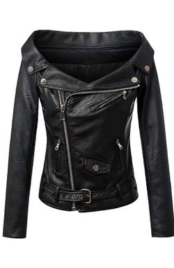 Off The Shoulder Motorcycle Faux Leather Jacket