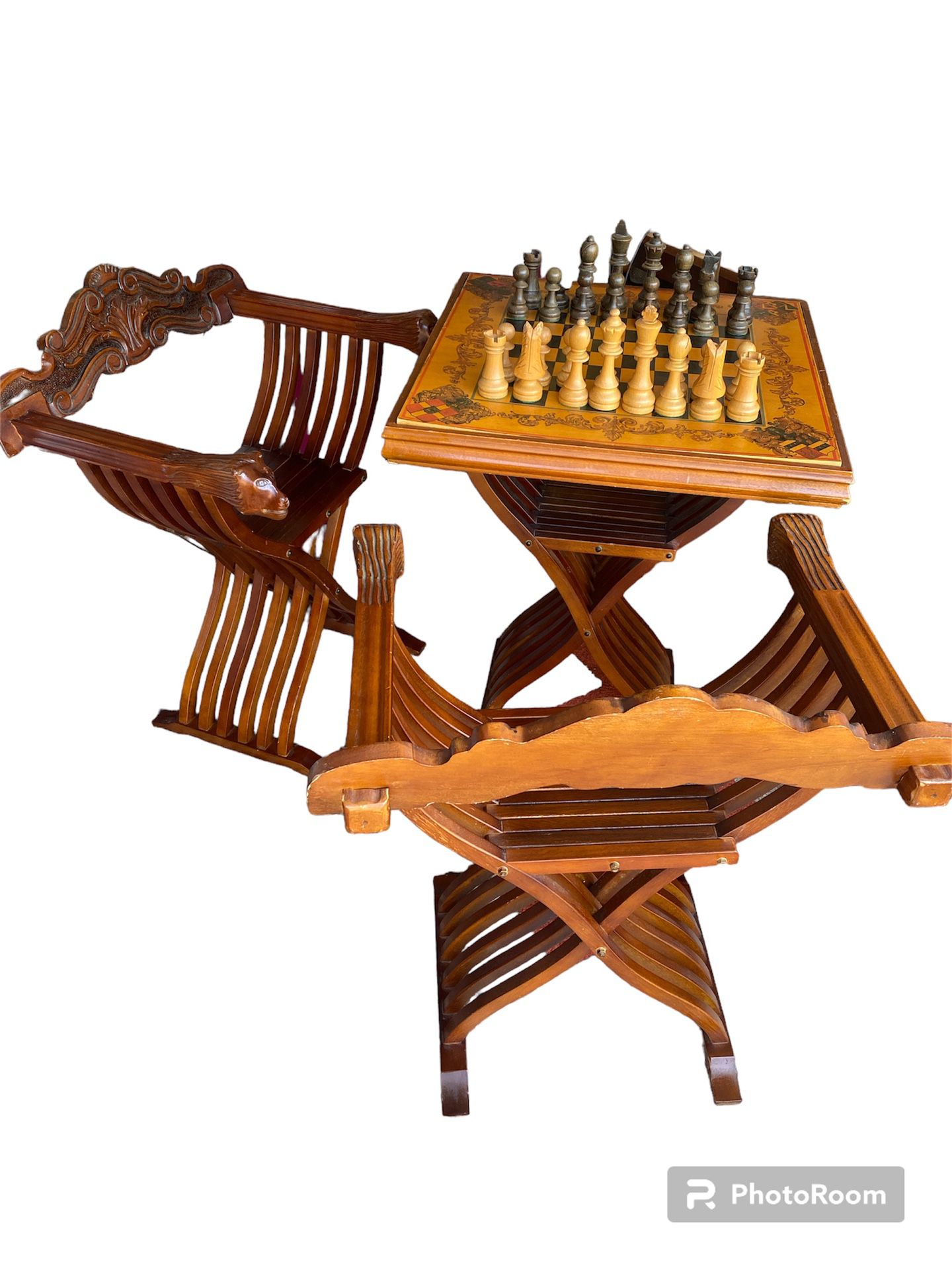 vintage carved wood Savonarola style folding chess backgammon game table set 3 pieces with chairs