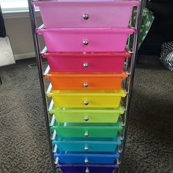Rolling Shelves With Drawers - 1 Rainbow Colored And 1 White