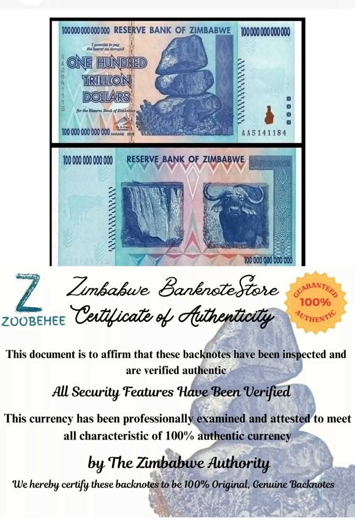 π₯ 100% AUTHENTIC ZIMBABWE 100 TRILLION DOLLAR CURRENCY, AA/2008, P-91, UNC π₯