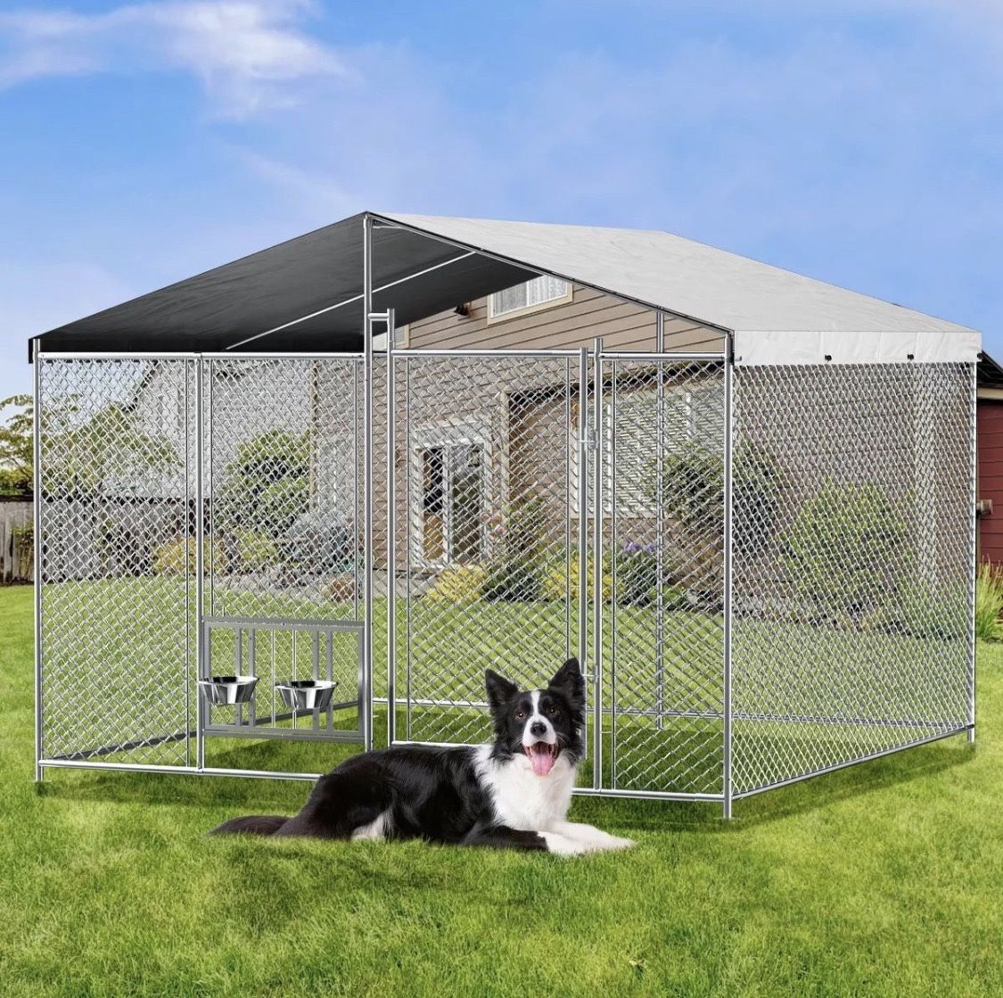 7.5 Ft. X 7.5 Ft. Outdoor Dog Kennel w/ UV/Rainproof Roof / Accessible Feed Door / Chain Link [NEW IN BOX] **Assembly Required (Retails For $300))