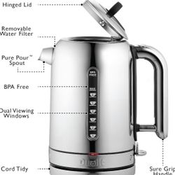 Dualit Classic Kettle - Polished Stainless Steel with Black trim- Quiet boiling kettle - 90 Second Boil Time - 1.7L 