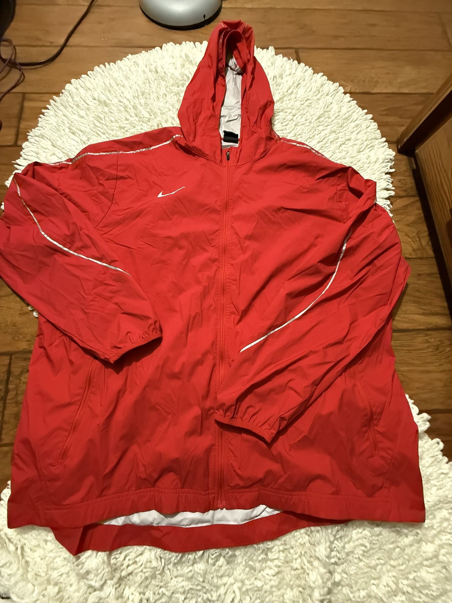 vintage Nike Team red windbreaker jacket with white trim detailing and a swoosh logo 3xL Flaws as seen in the last two pictures but not visible