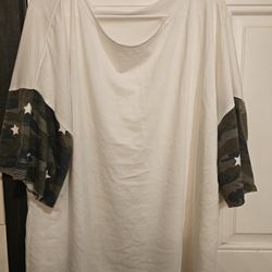 Size 3x White Shirt With Camo And Stars Sleeves, Loose Neck Womens Clothing/top 