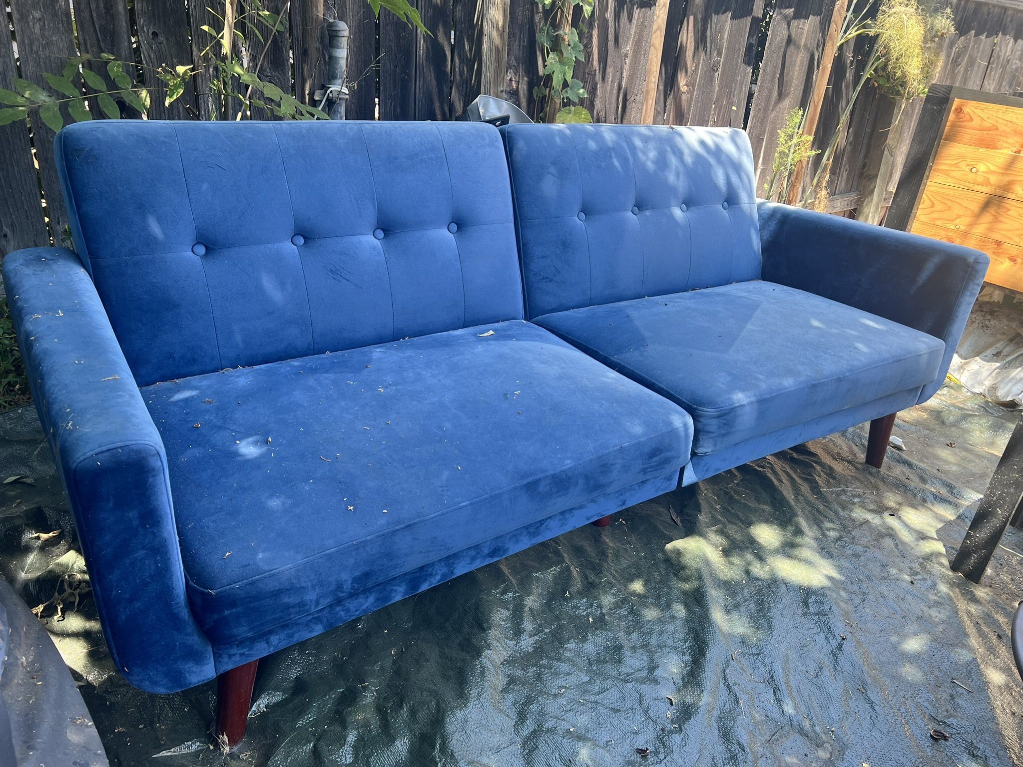 Blue Couch With Wooden Legs (recliner)