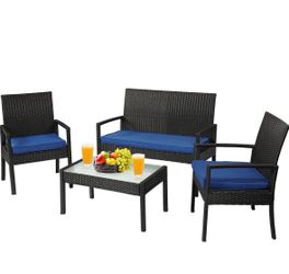 Y407-4 Piece Outdoor Patio Furniture Set, Rattan Patio Conversation Set Thick Polyester Cushions, Tempered Coffee Table, Steel Frame Easy Assembly, Su