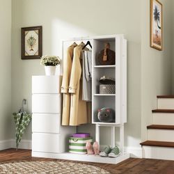 Wardrobe with Hanging Rack & Shelves, 4 Drawers Wardrobe with Storage Shelves for Bedroom, Wardrobe Closet Organizer for Hanging Clothing with Drawers