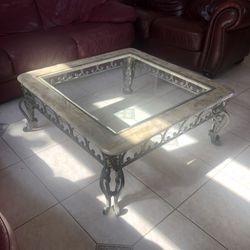 Vintage Marble and Glass Top Wrought Iron Coffee Table