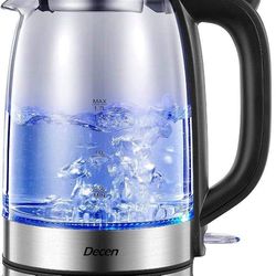 Electric Kettle, Decen 1500W Glass Electric Tea Kettle with Speedboil Tech, 1.7L (8 Cups) Water Kettle with LED Light, Auto Shut-Off And Boil-Dry Prot