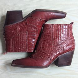 SAM EDELMAN Winona Red Croc-embossed Leather Western Ankle Bootie size 8