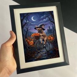 Halloween French Bulldog Witch Framed Art | Spooky Frenchie on Bicycle | Autumn Wall Decor 7”x9”