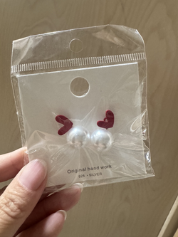 Red Heart Pearl Stud Earrings – Small Heart and Large Faux Pearl, New
