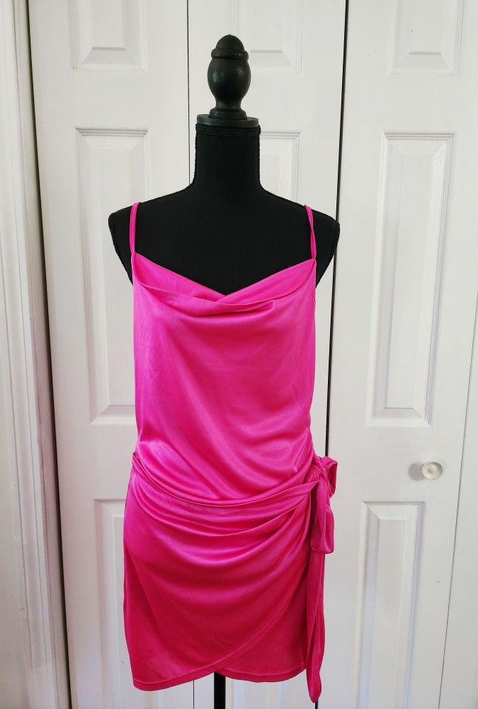 Vibrant Pink Draped Mini Dress with Tie-Side Detail (Worn Once, Size Large)