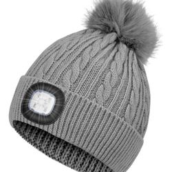 LED Beanie Hat with Light, Light Up Winter Hat with Hand Free Headlamp USB Rechargeble, Warm Lined Cable Knit Unisex One Size Beanie with Pom for Men 