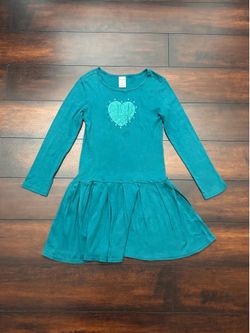 Little Girls Clothes Gymboree Teal Long Sleeve Dress Features A Glittery Heart Graphic size 7 fits size 7/8
