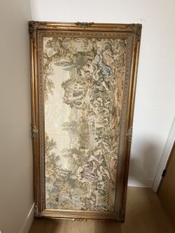 French Aubusson Style Art pastoral tapestry in an ornate gold frame