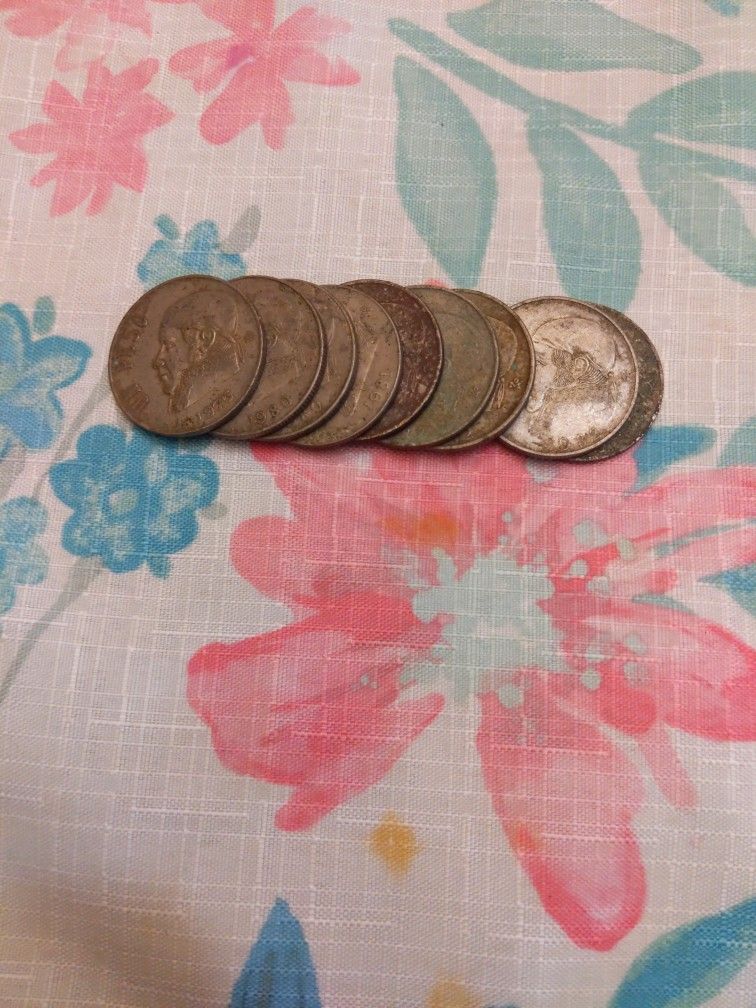 NUEVE MONEDAS DE UN PESO. CUATRO DEL 82 DOS DEL 80 UNA DEL 75 UNA DEL 83 Y UNA DEL 81.