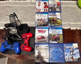 Selling this whole bundle. Selling ps4 with games, controllers, chargers, console. Also selling ps4 racing wheel with pedals.