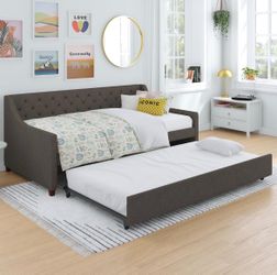 Novogratz Her Majesty Upholstered Daybed and Trundle, Twin over Twin, Grey Linen