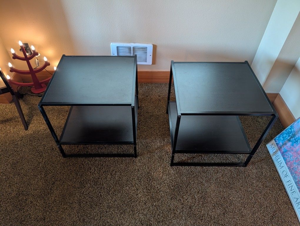 Two Side Tables, Metal Frame, Wood Shelves