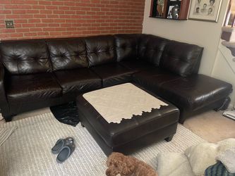 Dark Brown Leather Sectional Sofa with Ottoman