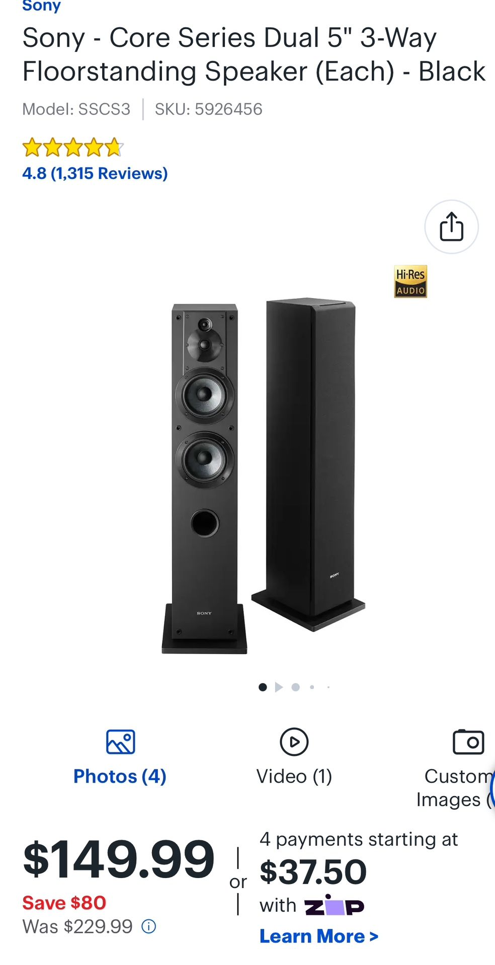 Sony SSCS3 Floor Standing Speaker - Black