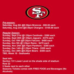 49ers Vs Titans /  Bears / Seahawks Section 131 lower Level 2 Tickets 