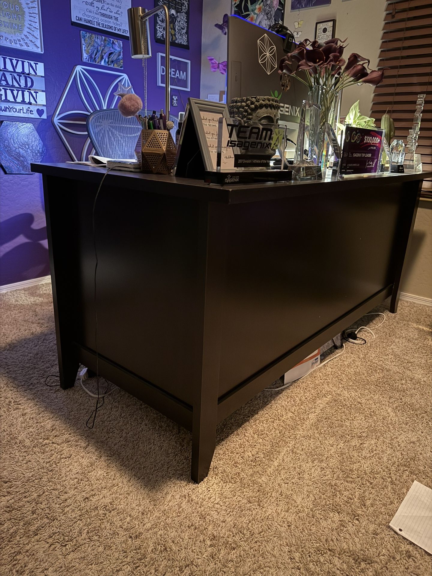 Executive style office desk.  Dark wood. 2 drawers on each side. Slide out keyboard drawer.  $225