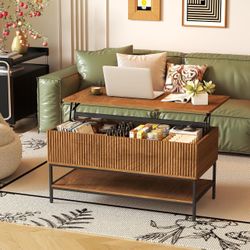 Lift Top Coffee Table 39.4 Inch Rectangle, Farmhouse Style with Hidden Storage & Lower Shelf, Sturdy Steel Legs, Easy Assembly for Living Room, Rustic