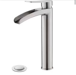 Phiestina Brushed Nickel Tall Bathroom Vessel Sink Faucet, Single Hole Single Handle Waterfall Modern Above Countertop Sink Bathroom Faucet, with Pop