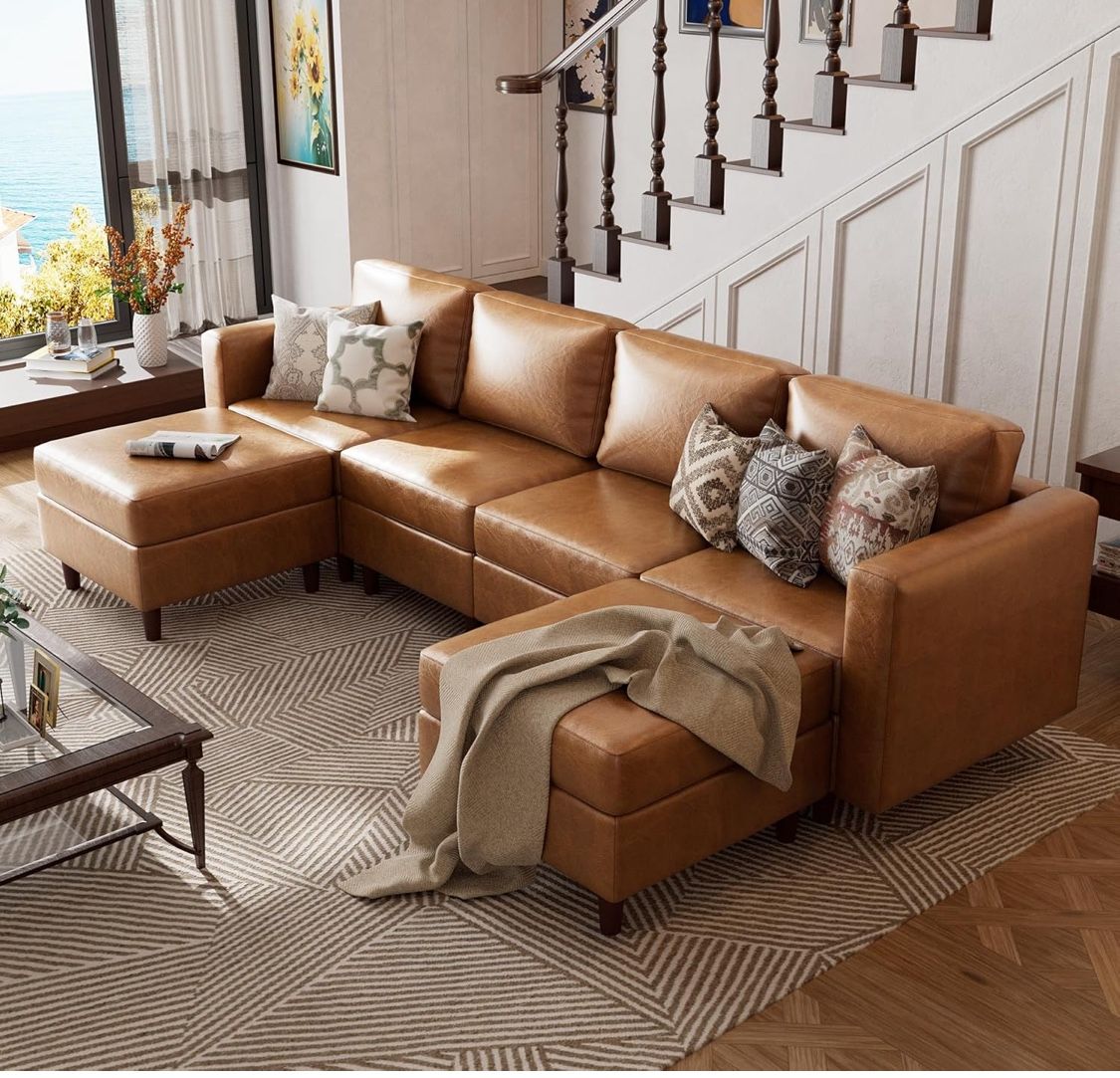 NEW 4-Seater Modular Faux Leather 4-Seater Modular Faux Leather Sectional + TWO Ottomans (Camel Tan) – Originally $970