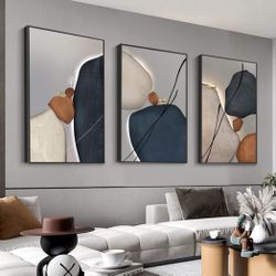New - Decorative Framed Abstract wall Art - Orange White Blue And Other Colors. Set of 3 (24 X32)@