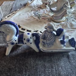 Gzhel Porcelain USSR Peasants W/ Sleigh