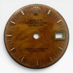 Vintage Ladies Rolex Datejust Burl Wood Dial Gold Baton Markers.