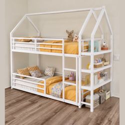 Twin over Twin White Metal House Bunk Bed with Shelves