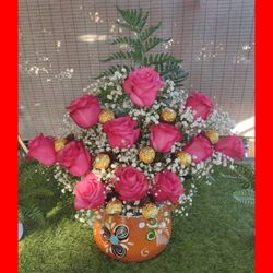Pink Roses Flowers Arrangement Pot / Olla / Ollitas 