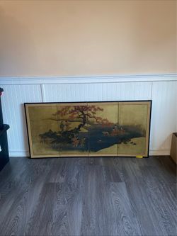 Vintage Japanese Gold Leaf Byobu Screen 4 Panel Hand Painted 56.5x27